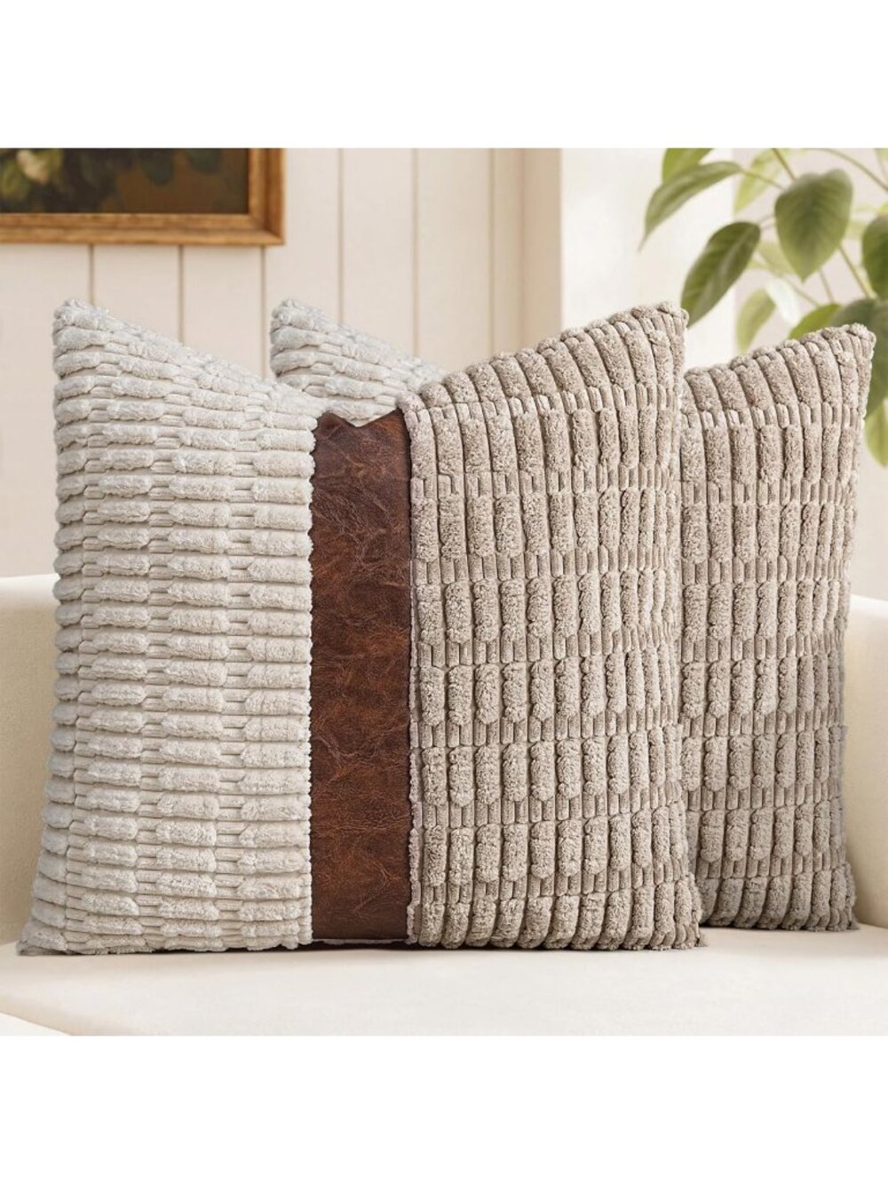 Bohemian Stripe Corduroy & Faux Leather Pillow Covers 18x18 - Set of 2, Cream